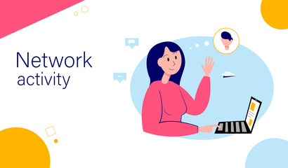 Network activity landing page template. People communicate using social networks. illustration of communication via the internet, video, news, social networks, messages, website.