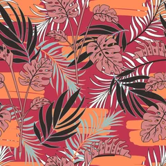 Fotobehang Abstract seamless tropical pattern with bright plants and leaves on a white background. Exotic jungle wallpaper. Jungle leaf seamless vector floral pattern background. © EltaMax99