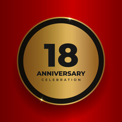18 years anniversary celebration background. Celebrating 18th anniversary event party poster template. Vector golden circle with numbers and text on red square background. Vector illustration