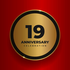 19 years anniversary celebration background. Celebrating 19th anniversary event party poster template. Vector golden circle with numbers and text on red square background. Vector illustration