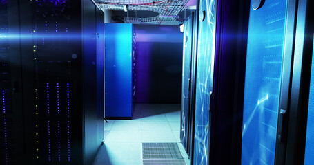 Image of moving shapes over server room