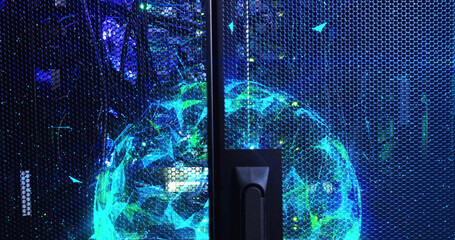 Image of moving shapes over server room