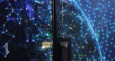 Image of moving shapes over server room