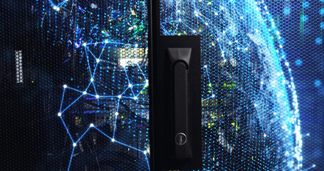 Image of moving shapes over server room