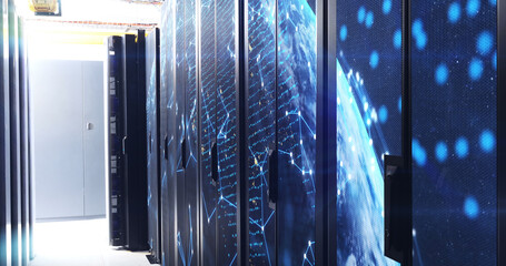 Image of moving shapes over server room