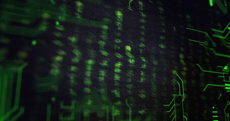 Image of data processing and green integrated circuit on black background