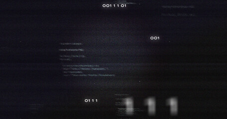 Image of data processing and numbers on black background