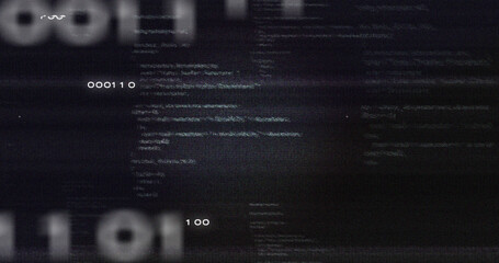Image of data processing and numbers on black background