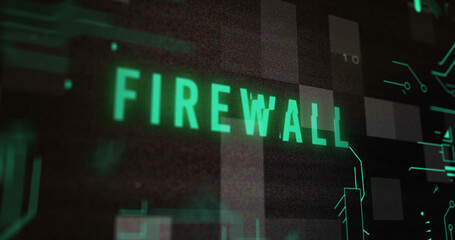 Fototapeta na wymiar Image of firewall over green integrated circuit on black background