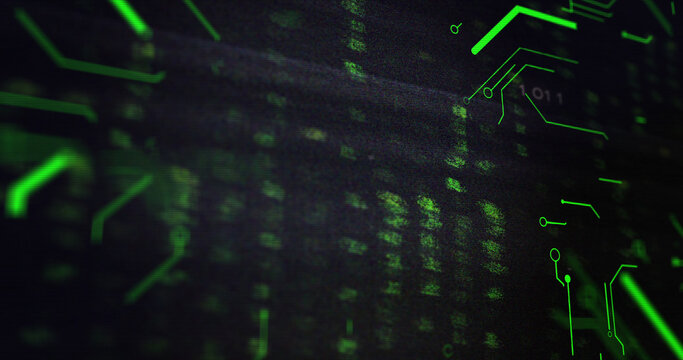 Image of data processing and green integrated circuit on black background