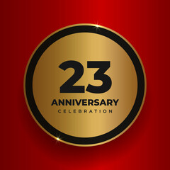 23 years anniversary celebration background. Celebrating 23rd anniversary event party poster template. Vector golden circle with numbers and text on red square background. Vector illustration
