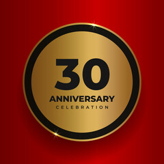 30 years anniversary celebration background. Celebrating 30th anniversary event party poster template. Vector golden circle with numbers and text on red square background. Vector illustration