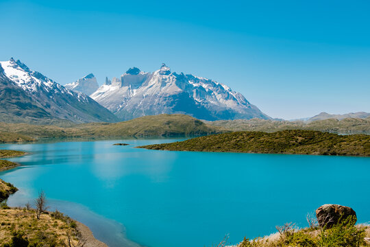 Top view of Pehoe lake and Cuernos del Paine mountain, Torres del Paine National Park in Chile