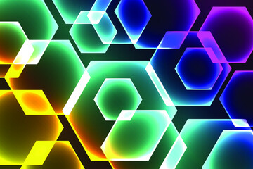 Neon shimmering bokeh background with hexagons. Defocused blurry light. Abstract vector background.