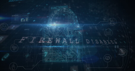 Image of security padlock and data processing over navy background