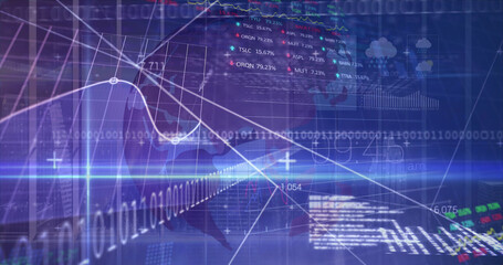 Fototapeta na wymiar Image of financial data and graphs over globe rotating on blue background