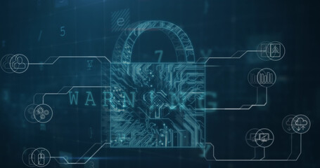 Image of security padlock and data processing over navy background