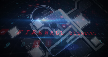 Image of security padlock over data processing on dark background