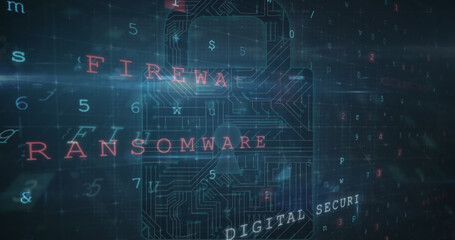 Fototapeta premium Image of security padlock and data processing over navy background
