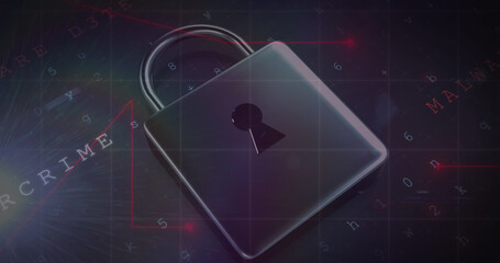 Image of security padlock over data processing on dark background