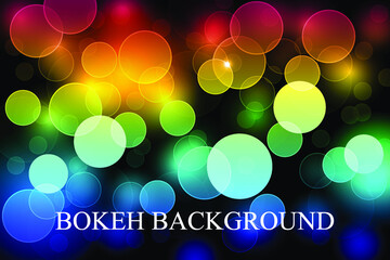Multicolored shimmering bokeh black background. Defocused blurry light. Abstract vector background.