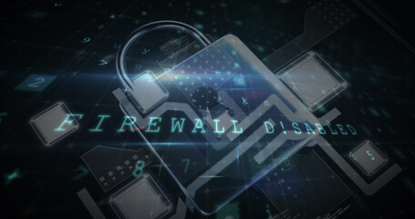 Image of security padlock over data processing on dark background