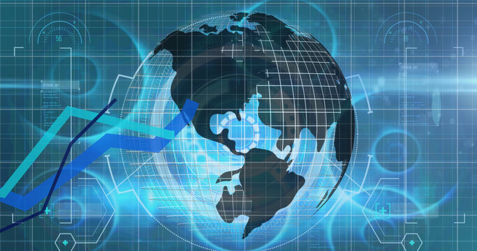 Image of financial data and graphs over globe rotating on blue background