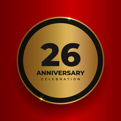 26 years anniversary celebration background. Celebrating 26th anniversary event party poster template. Vector golden circle with numbers and text on red square background. Vector illustration