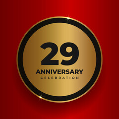 29 years anniversary celebration background. Celebrating 29th anniversary event party poster template. Vector golden circle with numbers and text on red square background. Vector illustration