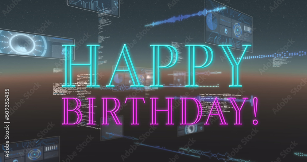 Fototapete image of happy birthday text and data processing on black background