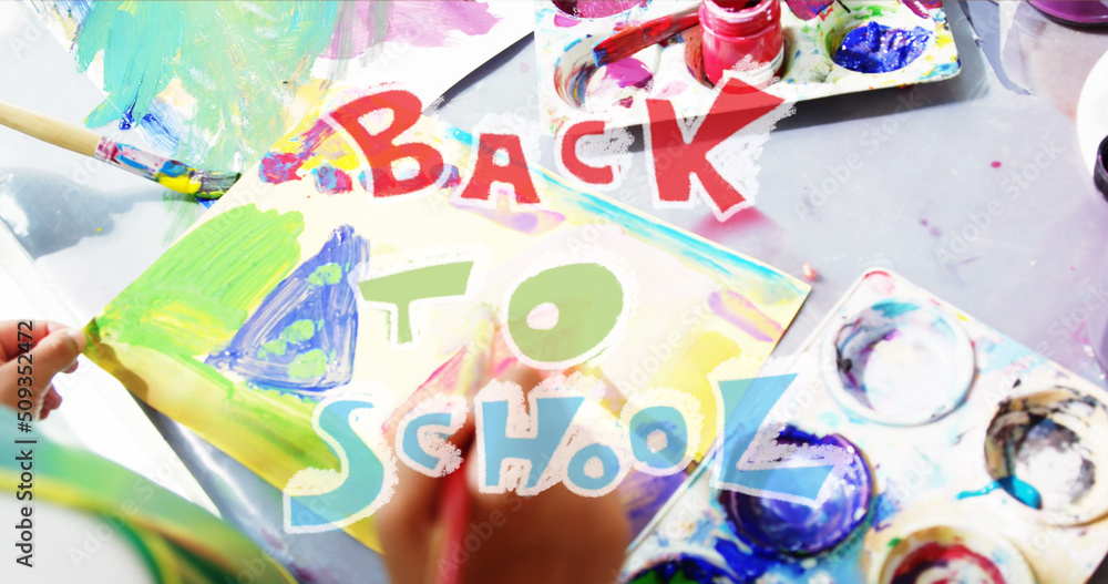 Poster Image of back to school text over diverse schoolchildren doing art