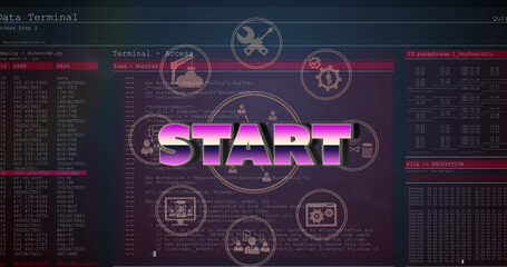 Image of start text and data processing on black background
