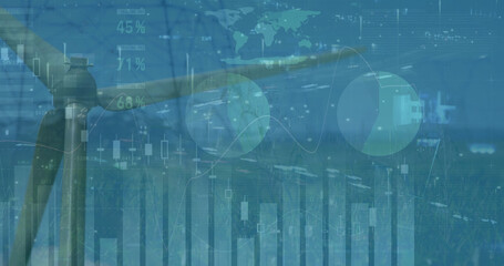 Image of data processing and icons over windmill