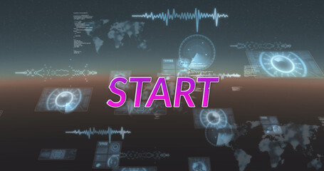 Image of start text and data processing on black background