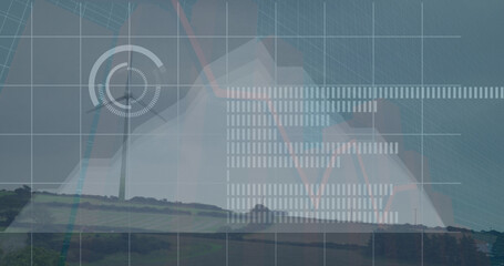 Image of data processing and icons over windmill