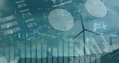 Image of data financial processing over windmill