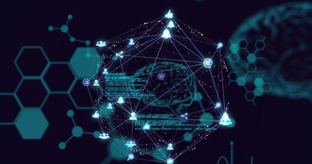 Image of globe of connections over data processing and icons on black background