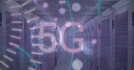 Image of data processing and scope scanning with 5g text over server room