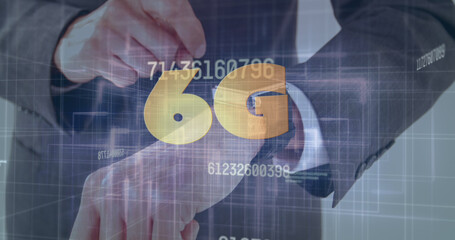 Image of financial data processing over business people walking