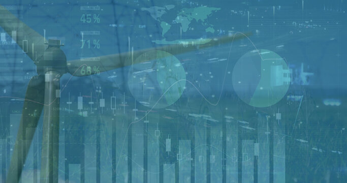 Image of data processing and icons over windmill