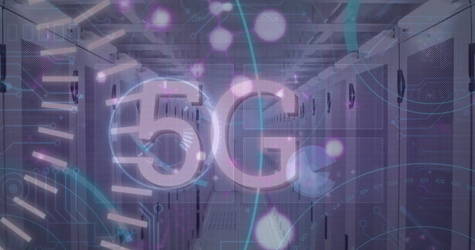 Image of data processing and scope scanning with 5g text over server room