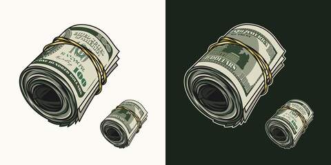 Color money roll of 100 dollar bills with front and reverse side. Cash money. Vintage style. Detailed isolated vector illustration on dark and white background. Perspective side view - obrazy, fototapety, plakaty