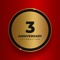 3 years anniversary celebration background. Celebrating 3rd anniversary event party poster template. Vector golden circle with numbers and text on red square background. Vector illustration