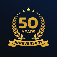 50 years anniversary laurel wreath logo or icon. Jubilee, birthday badge, label or emblem. 50th celebration design element. Vector illustration.