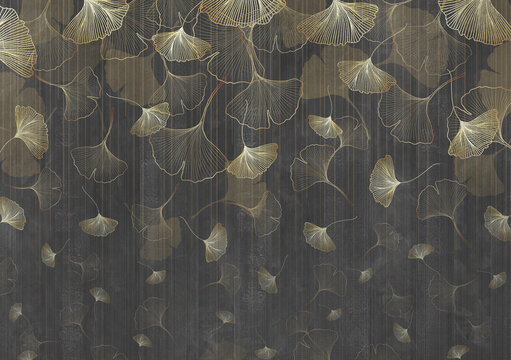 Vintage illustration with falling ginkgo leafs on grunge background. Design for wallpaper, photo wallpaper, fresco, post cards, etc. © obscur_a