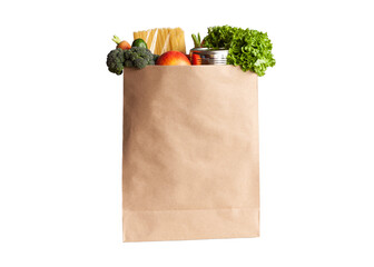 Paper shopping bag with various grocery items on white background, isolated. Bag of food with fresh...