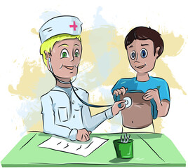 Doctor listens to boy's chest through stethscope