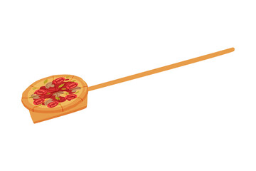 Appetizing Italian Pizza as Round Hot Dough Topped with Tomato and Mushroom on Wooden Oven Shovel Vector Illustration