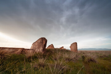 idols stones in the steppe of Khakassia, a historical cultural religious mystical place of power in...