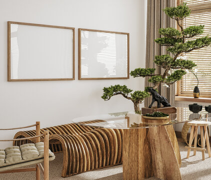 Home Interior In Japanese Style, Frame Mockup In Dining Room Background, 3d Render